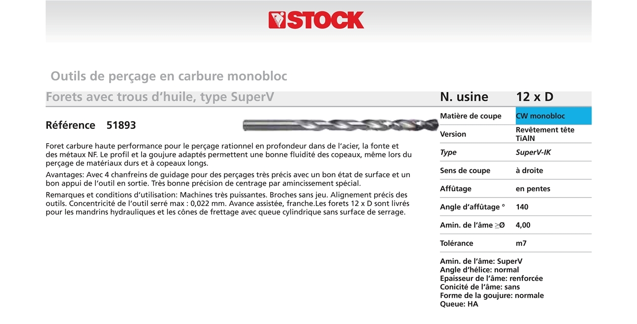 Forets carbure avec trou d'huile type SuperV